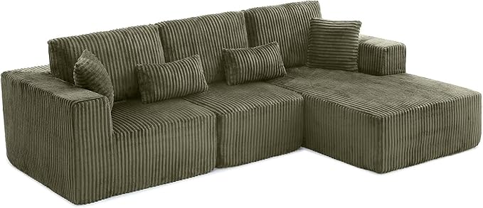 110 Cloud Couch Sectional L Shaped Boneless Couch Sectional Couches for Living Room Modern Comfy Corduroy Fluffy Modular Sofa with Deep Seat No Assembly (Green Right Facing Chaise)
