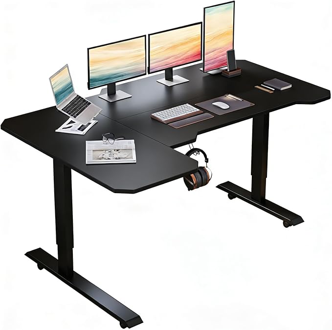 59 L-Shaped Standing Desk Height Adjustable Electric Corner Desk with Wheels Ergonomic Rising Computer Table for Home Office (Black)