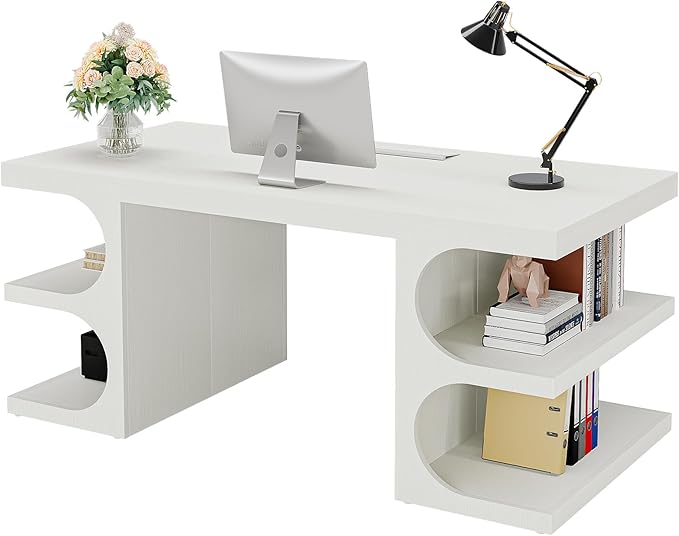 Tribesigns Modern Executive Office Desk 63-Inch Large Computer Home Office Desk with Storage Shelves Wood Study Writing Table Workstation Business Furniture White