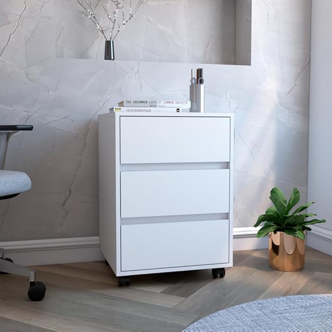 Modern 3-Drawer Filing Cabinet with Locking Casters for Home Office or Workspace in Classic White Finish