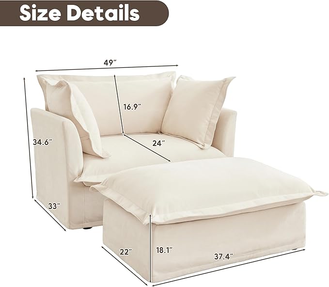 Chenille Oversized Accent Chair with Ottoman 49” W Big Comfy Modular Cloud Chair Cozy Armchair for Living Room Bedroom Family Room Reading Nook Cover Removable Cream