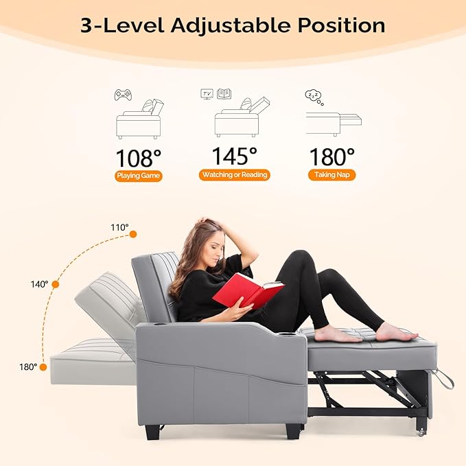 VINGLI Light Grey Futon Sofa Bed Convertible Loveseat Sleeper Couch Faux Leather Pullout Sofa Fold Out Couch Bed with USB Ports Cup Holders Armrest for Living Room Bedroom Apartment Room