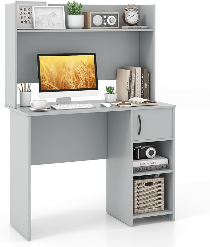 COSTWAY Computer Desk with Hutch Home Office Desk with Adjustable Shelf Modern Writing Table PC Desk with CPU Stand &amp Door Cabinet 2 Cable Management Holes Workstation for Bedroom Study Off