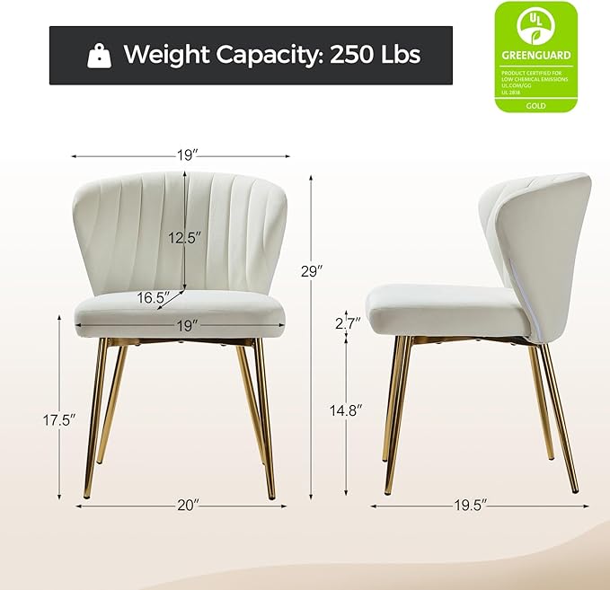 HULALA HOME Dining Chairs Set of 2 Velvet Upholstered Kitchen &amp Dining Room Chairs with Metal Legs Vanity Chair Armless Side Chairs for Living Room Bedroom Restaurant Channel Curved Backrest Ivo
