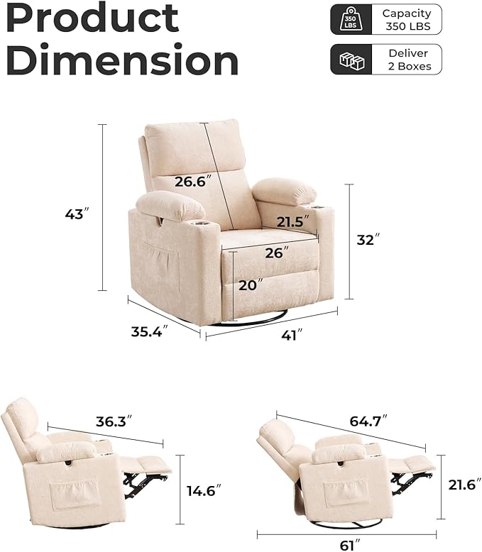 Rocking Chair Nursery with Adjustable Armrests Electric Glider Recliner Nursing Chair for Breastfeeding Power Swivel Recliner Chairs with Massage and Heat Adjustable Headrest  FSC Certified Beige