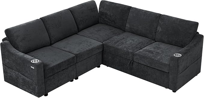 84 Chenille Modular Sleeper Sofa with Adjustable Backrests Convertible Corner Sofa with USB Ports L-Shape Sectional Couch with Pull-Out Bed &amp Storage Space for House Living Room Black