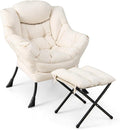 Giantex Lazy Chair with Ottoman Accent Sofa Chair with Folding Footrest Side Storage Pocket Upholstered Leisure Lounge Armchair with Stool for Bedroom Living Room Office Beige