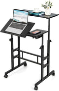 Tangkula Mobile Stand Up Desk Height Adjustable Home Office Desk with Standing &amp Seating 2 Modes Tilting Tabletop &amp Flexible Wheels Rolling Laptop Cart Sit Stand Desk (Black)