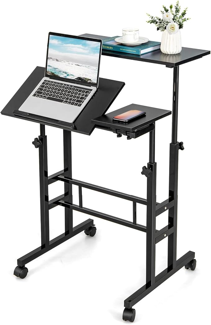 Tangkula Mobile Stand Up Desk Height Adjustable Home Office Desk with Standing &amp Seating 2 Modes Tilting Tabletop &amp Flexible Wheels Rolling Laptop Cart Sit Stand Desk (Black)