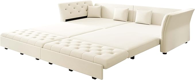 100'' Pull Out Couch King Size Velvet Sleeper Sofa with Flower-Tuffed Back Chesterfield Convertible Futon Sofa Bed 4 Pillows 4-Seater Deep Couches for Living Room Small Spaces Beige
