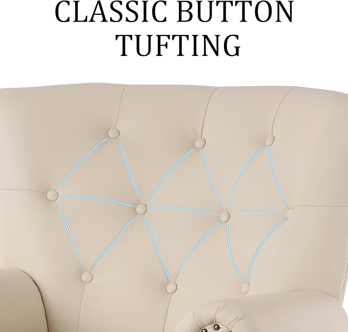 Modern Faux Leather Accent Chair Upholstered Mid-Century Armchair with Solid Wood Legs Single Sofa Chair for Living Room Bedroom or Reading Room（Ivory White）
