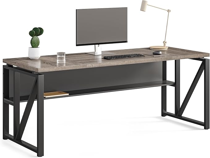 LITTLE TREE 63-Inch Executive Office Desk Large Computer Desk with Storage Shelf Executive Desk with Metal Frame Study Writing Desk Work Station for Home Office Grey + Black