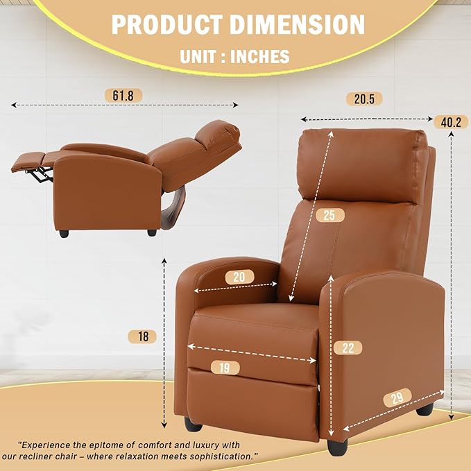 PayLessHere Recliner Chair Single Reclining Sofa Home Theater Seating with Lumbar Support and PU Leather Padded Backrest for Living Room and Bedroom (Tan)