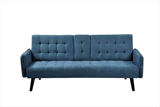 Leno 72 Sleeper Sofa Bed - Convertible Folding Backrest to Full Bed with Cup Holder &amp Drop-Down Table - Space Saving Linen Sofa for Small Spaces - Easy Assembly Blue