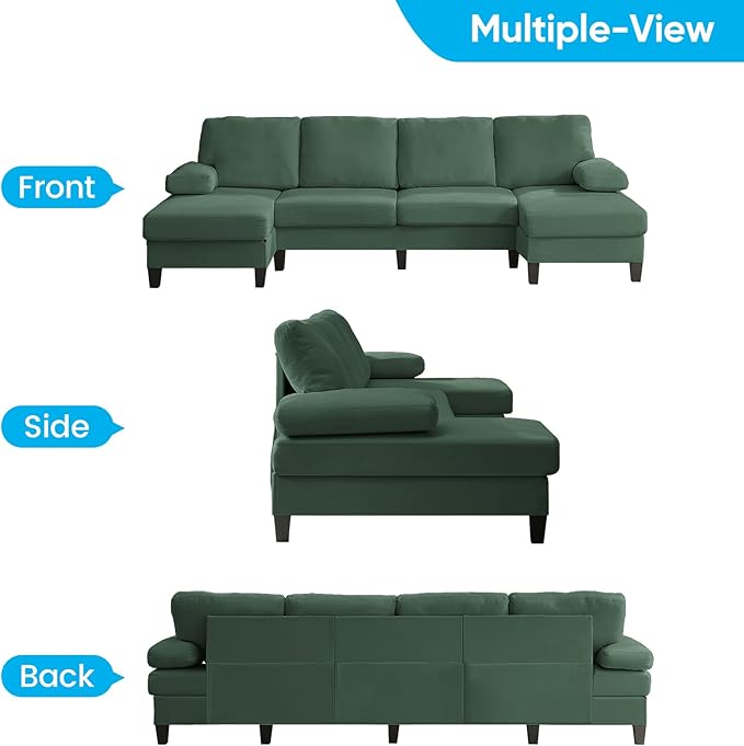 Mjkone 110 Width Sectional Couches with Chaises for Living Room U Shaped Cloud Sofa Couch with Ice Velvet Fabric Minimalist 4 Seater Sofa Set Living Room Sets Furniture for Home Office Green