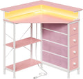 Corner Desk with Drawers Shelves for Small Space 90 Degrees Triangle Computer Desk with Power OutletsGaming Desk with LED Lights Monitor Stand for Home Office Workstation Writing Table (Pink)