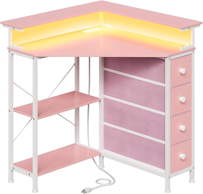 Corner Desk with Drawers Shelves for Small Space 90 Degrees Triangle Computer Desk with Power OutletsGaming Desk with LED Lights Monitor Stand for Home Office Workstation Writing Table (Pink)
