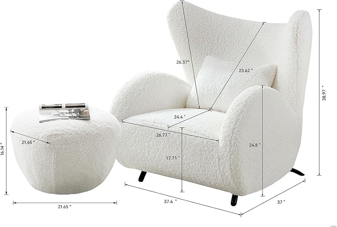 Modern Design Cream Boucle Accent Chair with Ottomans Furry Sherpa Elegant Single Sofa Oversized Chair Living Room Chairs Comfy Upholstered Armchair for Bedroom Office Apartment Balcony Beige