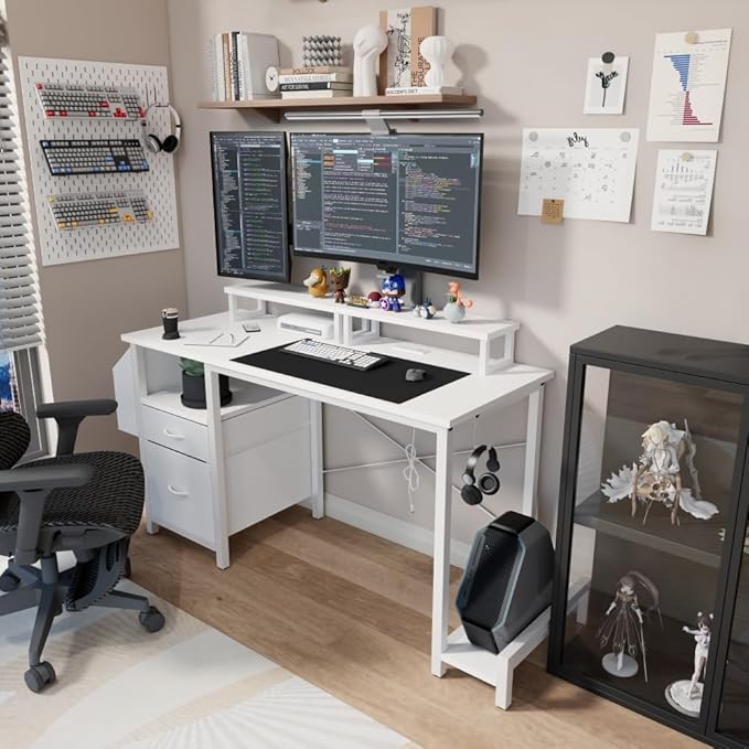 Office Desk with Power Outlet2 Monitor Stands2 DrawersSide PocketEasy to AssembleFrame Stability Reversibleuse for Home Desk Computer Desk Game TableWhite