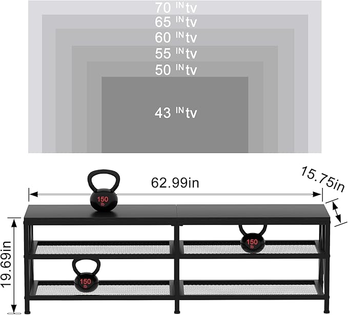 TV Stand for TVs up to 70 Inch 63 Long Industrial TV Console Table with 3-Tier Storage Shelves Entertainment Center for Living Room Bedroom (Black)