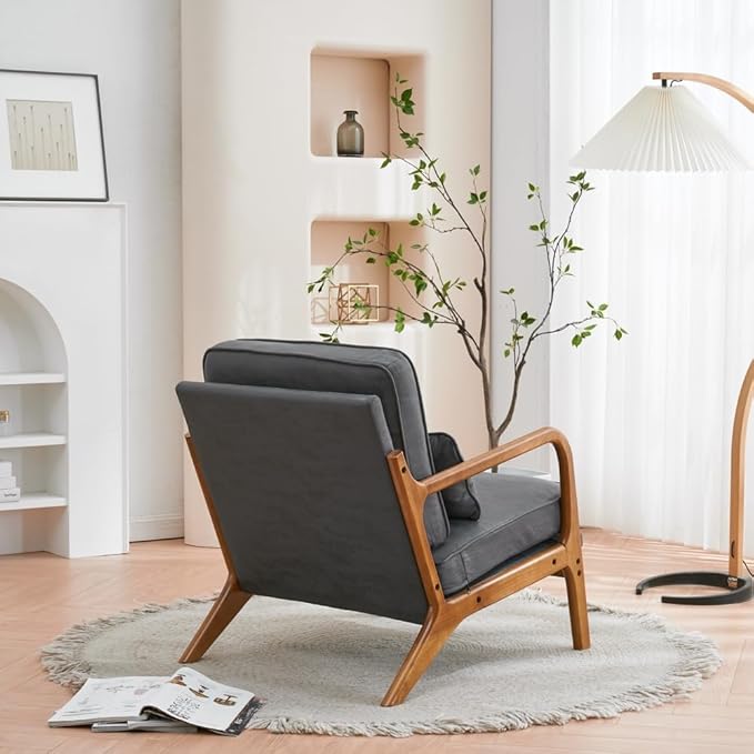 Accent Chair with Lumbar PillowUpholstered Armchair with Solid Wood FrameLinen Fabric Reading Chair with Oak ArmrestLounge Chair for Living Room Bedroom Apartment