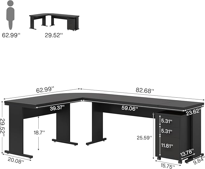 Tribesigns 83 L-Shaped Executive Desk Reversible Modern Office Desk with Drawers &amp Rolling File Cabinet Large Corner Computer Desk Business Workstation for Home Office (Black)