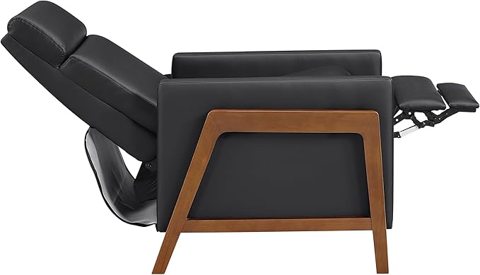 Lexicon Push Back Recliner Chair Faux Leather Upholstered Reclining Chair with Footrest Exposed Dark Brown Finish Wood Frame Small Recliner for Small Space Living Room Bedroom Black