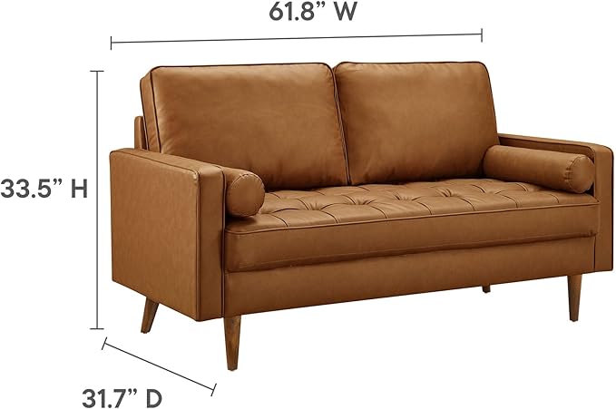 Modway Valour 62 Inch Faux Leather Loveseat in Tan – Wide Faux Leather Loveseat Sofa with Wood Legs - Small 2-Seater Sofa with Tufted Seat for Living Room or Office