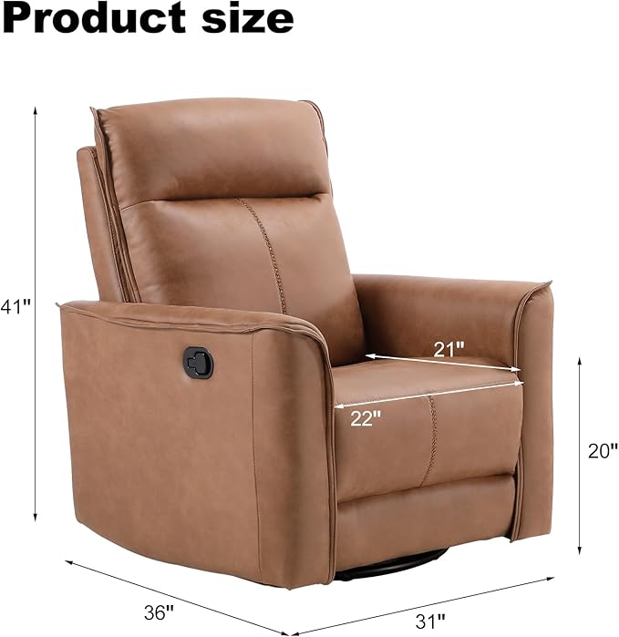EBELLO Swivel Rocker Glider Chair Nursing Swivel Glider Rocking Recliners with Overstuffed Backrest Faux Leather Manual Reclining Sofa for Living Room Bedroom Apartment Brown