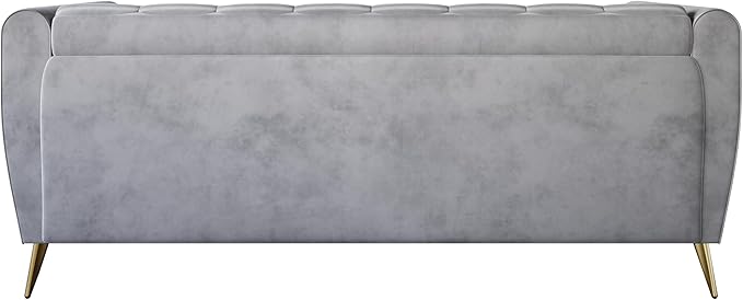 HOME DESIGN Scarlett Glam Velvet Flared Arm 3-Seater Sofa with Channel Tufting 4 Throw Pillows Gold Metal Legs Silver Gray