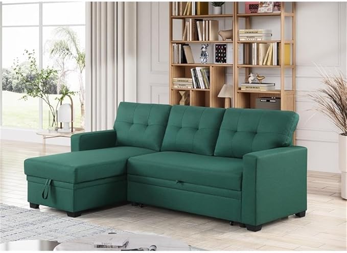 Devion Furniture L-Shaped Polyester Fabric Reversible Easy Convertible Pull-Out Sleeper Sectional Sofa/Storage Chaise with Tufted Back Cushions and Track Arms in Green