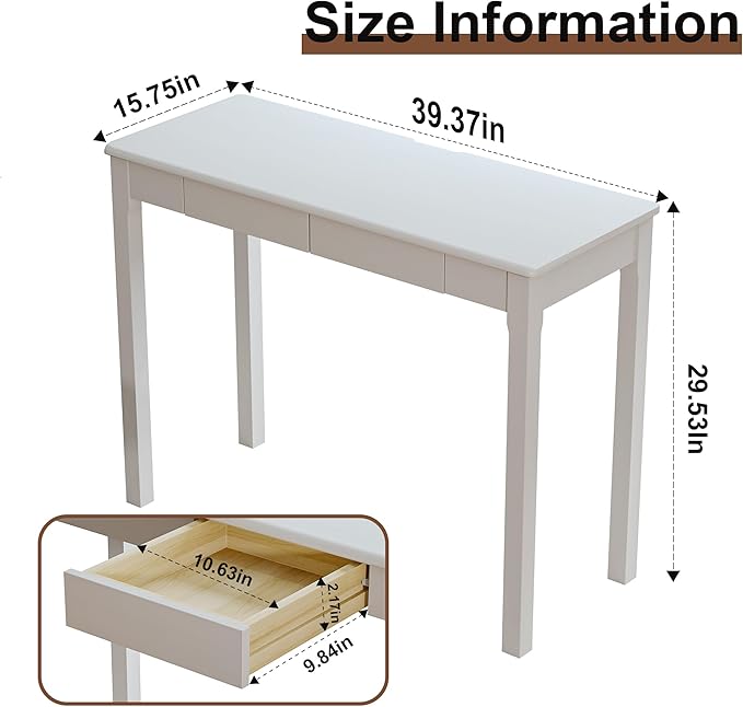 Solid Wooden Desk with Drawers - 39 x 16 Inch Modern Narrow Desks Rubberwood Simple Study Table Small Writing Desk for Bedroom|Small Spaces - White Desks