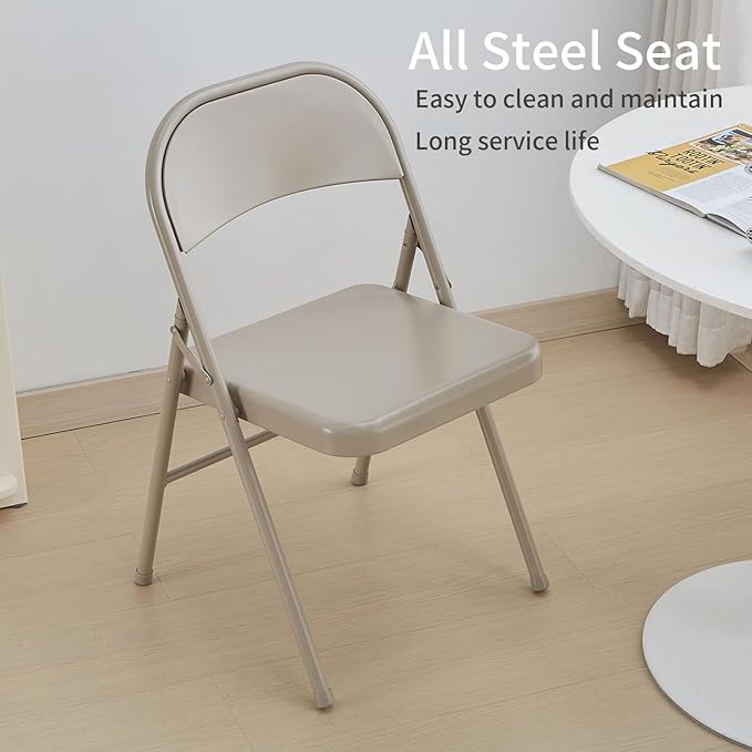 KAIHAOWIN Metal Folding Chair- Set of 4 All Steel Foldable Chairs Space Saving &ampHeavy Duty for Meeting Office Wedding Party Events-Beige