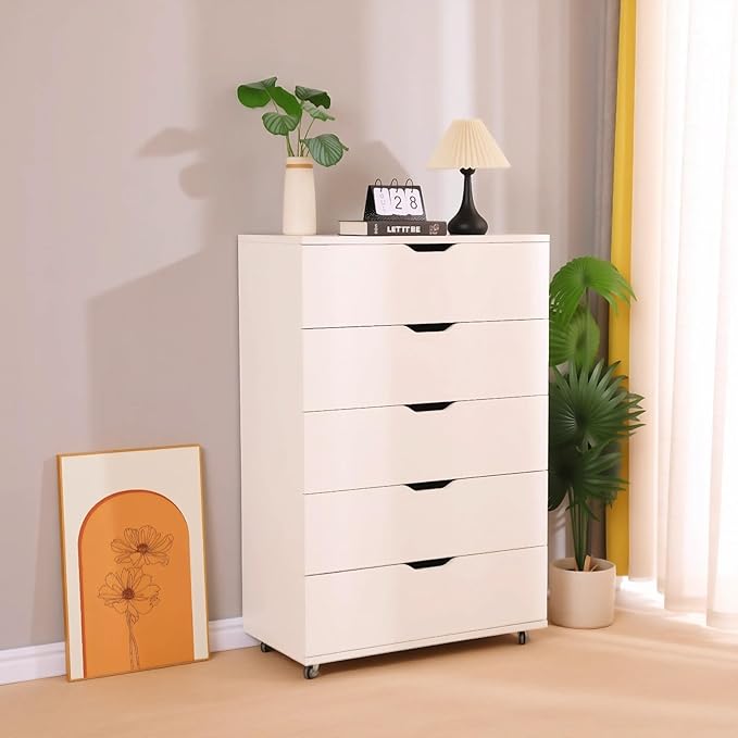 5 Drawer Wooden Storage Cabinet with Wheels Mobile Rolling File Cabinet Wood Dresser Chest for Home Office Bedroom or Living Room (White)