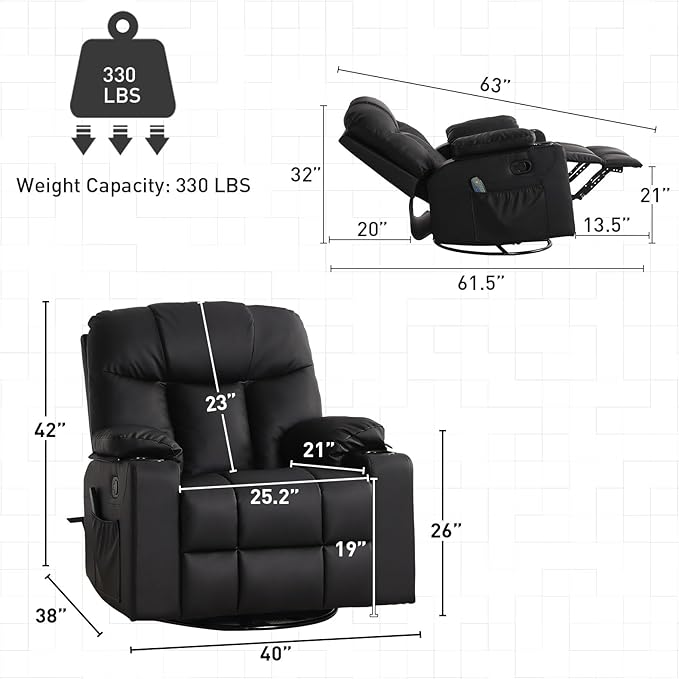 Bonzy Home Oversized Swivel Rocker Recliner 40 Rocking Recliner Chair with Heated and Massage PU Leather Single Sofa with Swivel Function 2 Cup Holders for Living Room Bedroom Black