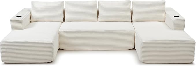 132” Oversized Modular Sectional Sofa Modern Comfy Corduroy U Shaped Couch with Cup Holders Boneless Compressed Memory Foam Cloud Couch for Living Room Office No Assembly Requiredm Beige