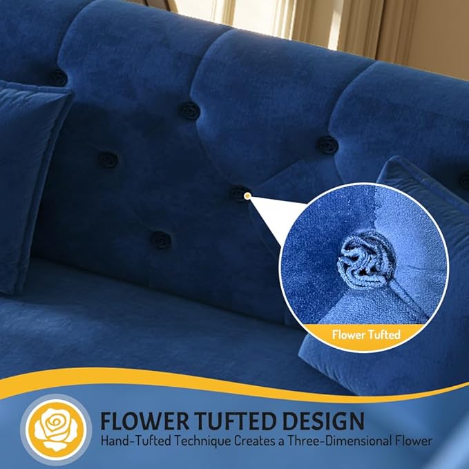 100 King Size Sleeper Sofa Bed Velvet 3-in-1 Convertible Pull Out Couch with Handmade Flower Tufted Curved Arms Oversized Deep Seat Sofa Couch for Living Room Apartment Blue | Breathable material