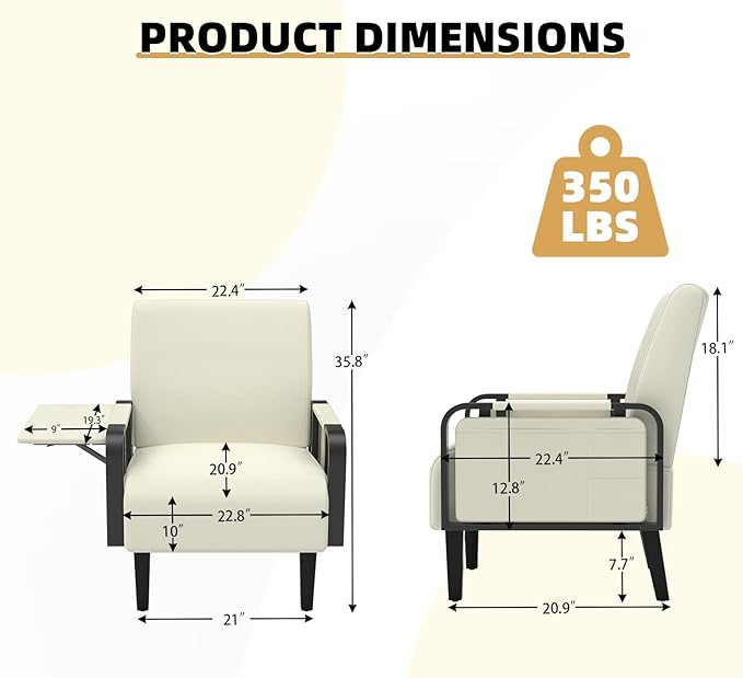 Faux Leather Accent Chair Modern Upholstered Armchair with Tray Table Comfy Reading Chair for Living Room Bedroom Guest Room Beige