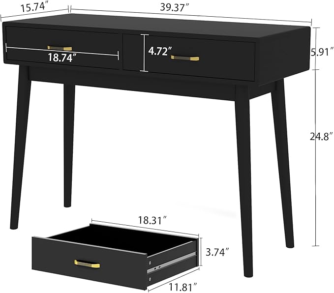 Black Small Writing Desk with Drawers 40 Inch Writing Desk for Home Office Vanity Desk with Solid Wood Leg for Small Spaces