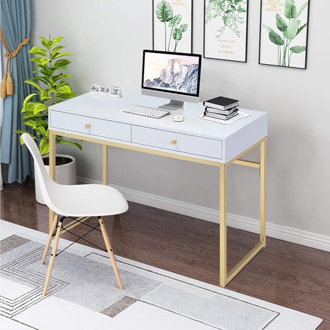 HomVent Contemporary Office Desk Modern Simple Home Office Desk Writing Desk Computer Desk Laptop Table Desk with 2 Storage Drawers and Metallic Legs Vanity Makeup Console Table (White &amp Brass)
