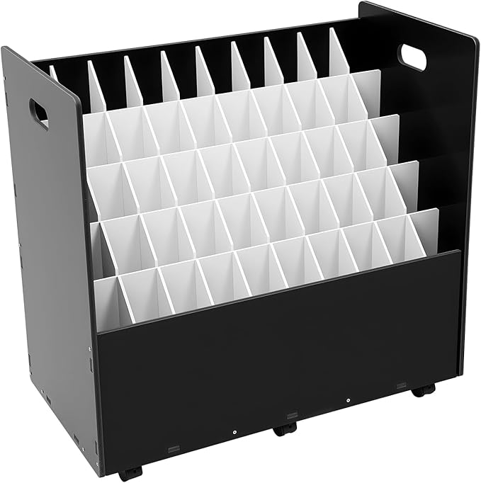 50-Slot Rolling File Organizer with Lockable Wheels - Heavy Duty Blueprint Holder Cart for Drawings Newspapers Documents Tubes (30x15.75x28.5in) - 5 Adjustable Tier Depths Easy Assembly