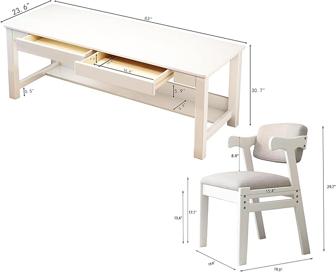 63’’ Extra Long Desk Wooden Computer Desk with 2 Drawers and Storage Bookshelf Writing Table for Office with Chair (White)