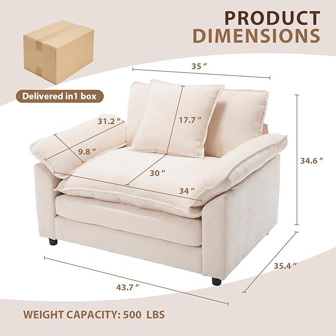 Chenilli Oversized Accent Chair Armchair Chair with Ottoman Comfy Single Sofa with Large Seat and Extra Wide Armrests UpholsteredReading Chairs for Bedroom Living Room