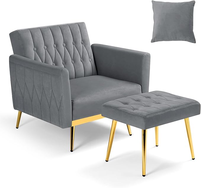 Velvet Accent Chair with Adjustable Armrests and Backrest Button Tufted Lounge Chair Single Recliner Armchair with Ottoman and Pillow for Living Room Bedroom Grey