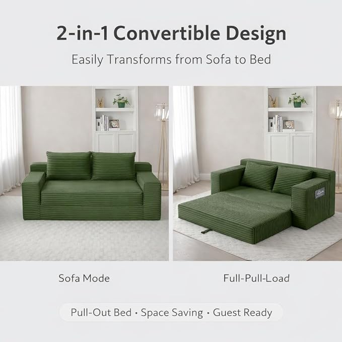73INCH 2 in 1 Convertible Folding Couch Bed Corduroy Sleeper Sofa with Pull-Out Bed No Assembly Floor Sofa for Living Room Apartment &amp Small Spaces (Green)
