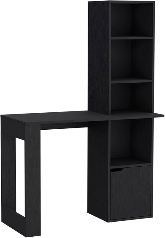 Black Office Desk with Four-Tier Bookcase &amp Cabinet - Modern Home Office Storage