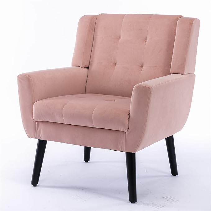 SSLine Velvet Accent Arm ChairMid-Century Modern Upholstered Wingback Single Sofa Armchair Club Chair with Solid Wood Legs Thick Cushion for BedroomReadingLiving Room Chair (Pink)