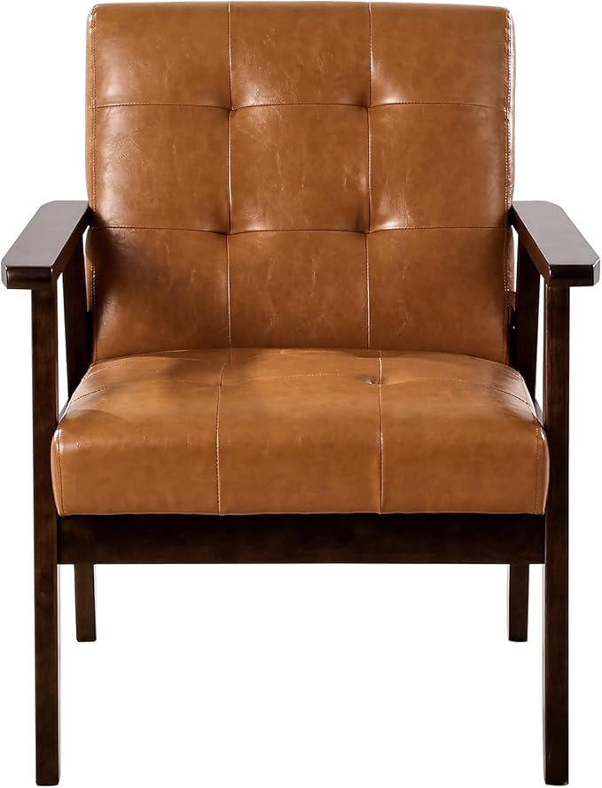 VEVOR Accent Chair Mid Century Modern Armchair with Solid Wood Frame and Non-Slip Legs Upholstered Leisure Chair with PU Leather and Soft Cushion for Living Room Bedroom Office