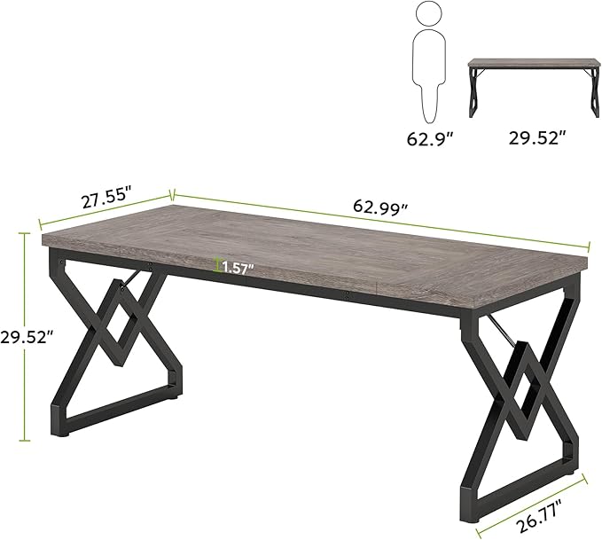 Tribesigns 63 Inch Executive Desk Large Office Computer Desk with Extra Thick Wooden Tabletop and Metal Frame Modern Simple Workstation Writing Table Study Desk for Home Office Gray