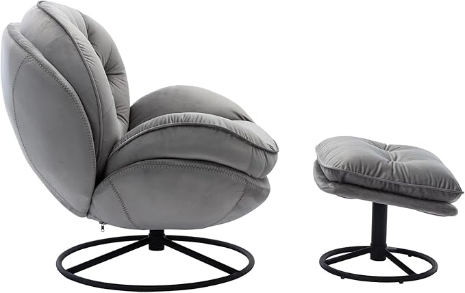 i-POOK Velvet Swivel Chair with Matching Swivel Ottoman Modern Upholstered Accent Chair with Round Black Metal Base and Backrest for Bedroom Living Room and Apartment Gray